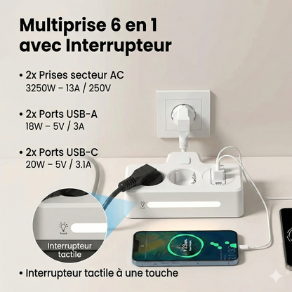 Multiprise 6-en-1 3250W USB & USB-C – Charge Rapide